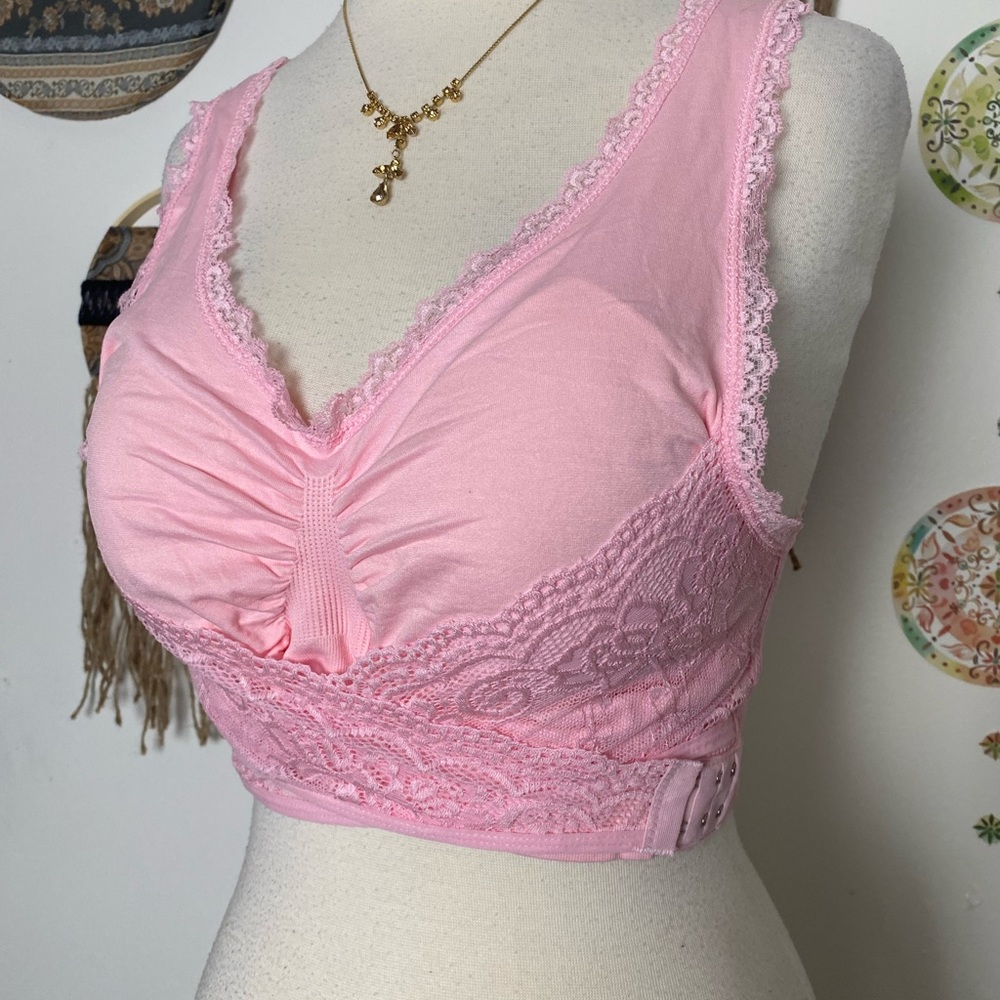 NWOT pink sports bra lace trim front wrap around closure adjustable stretch 2 XL
